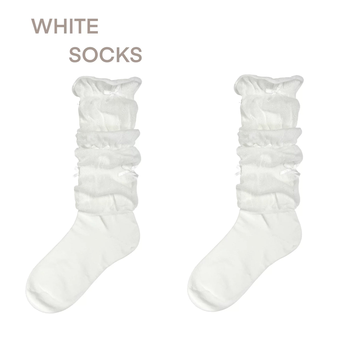 White gathered calf socks shown flat beside a black bow-trimmed styling example.