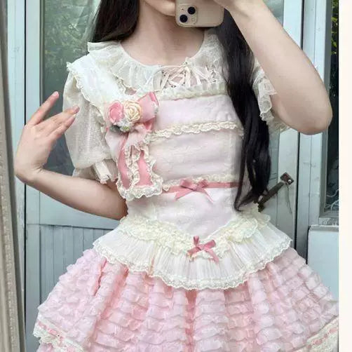 Sweetheart Dream Machine - Lace Mesh Inner - Short-Sleeve Blouse with Layered Ruffles
