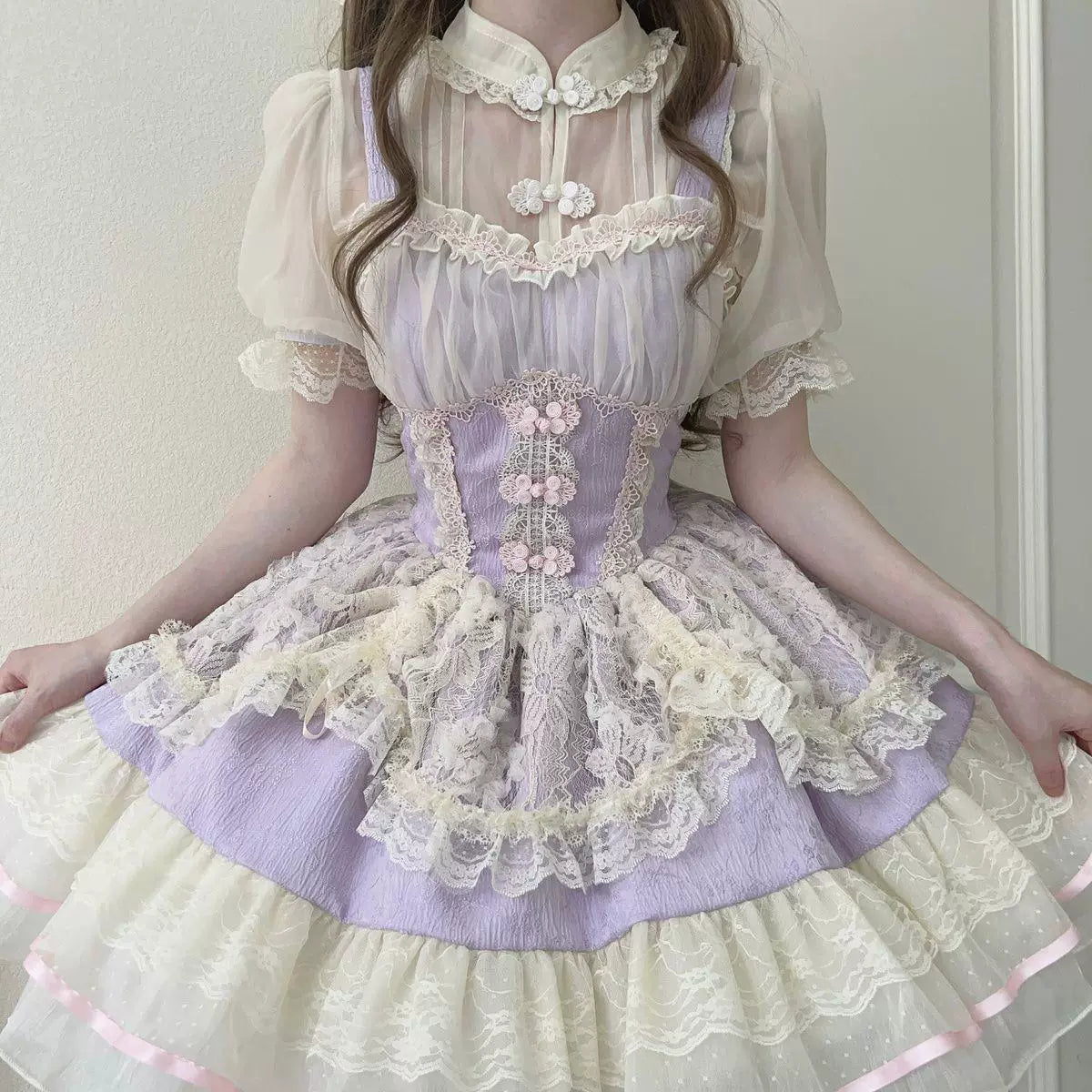 Sweetheart Dream Machine - Soft Sheer Layer - Blouse with a Lace-Trimmed Ruffled Bib