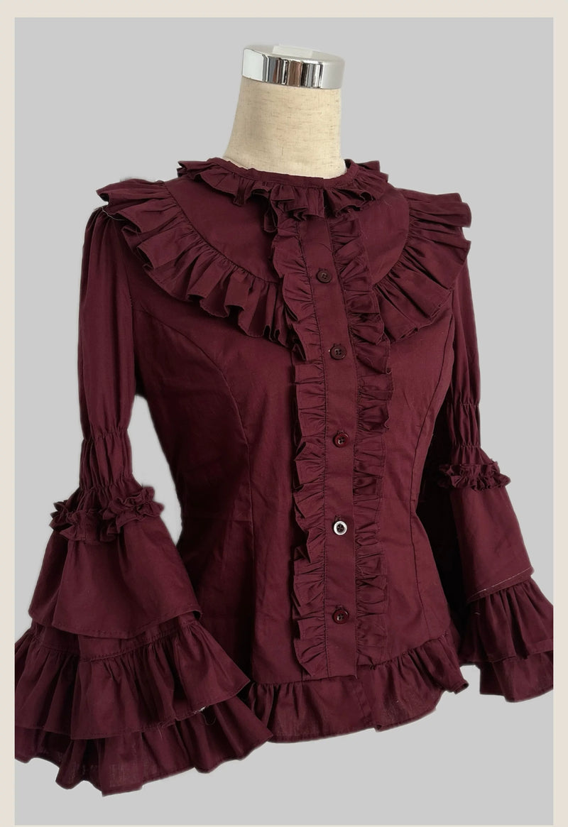 Tata Long Ear - Burgundy Rose - Ruffled Blouse with Tiered Cuffs