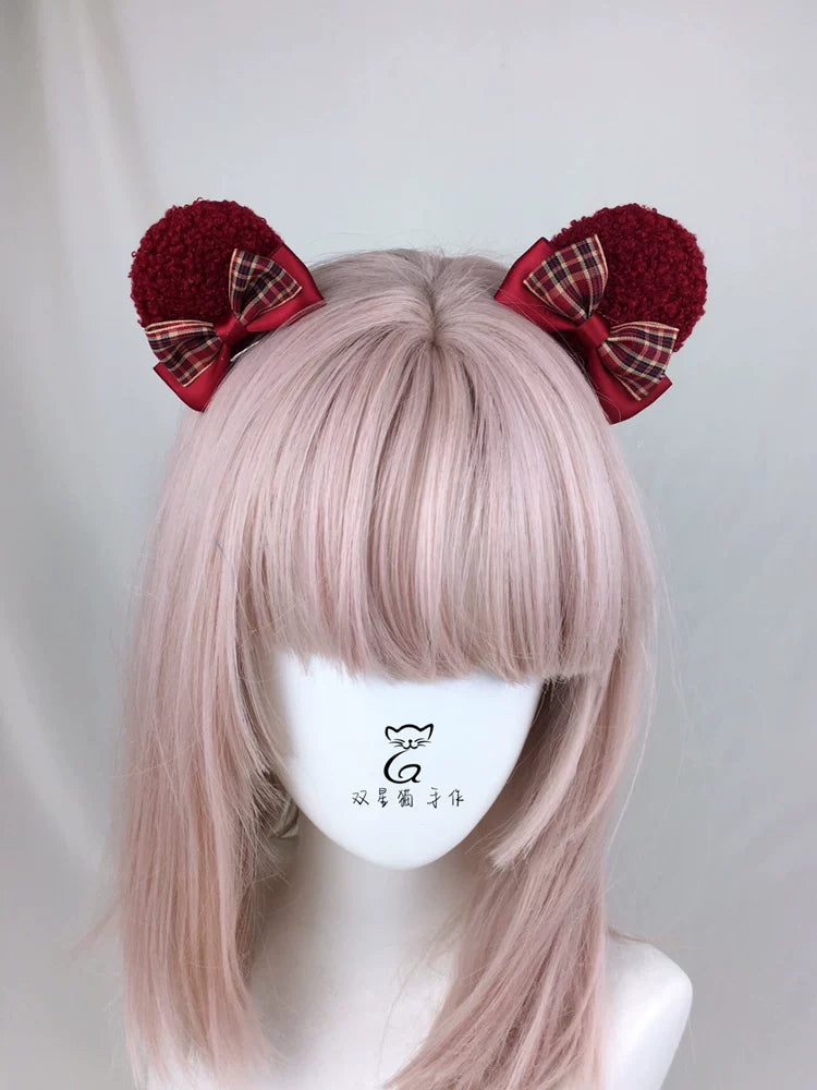 Little Red Riding Hood Burgundy Plaid Ear Headband & Clips — Bear-Ear Hair Clips - Pair