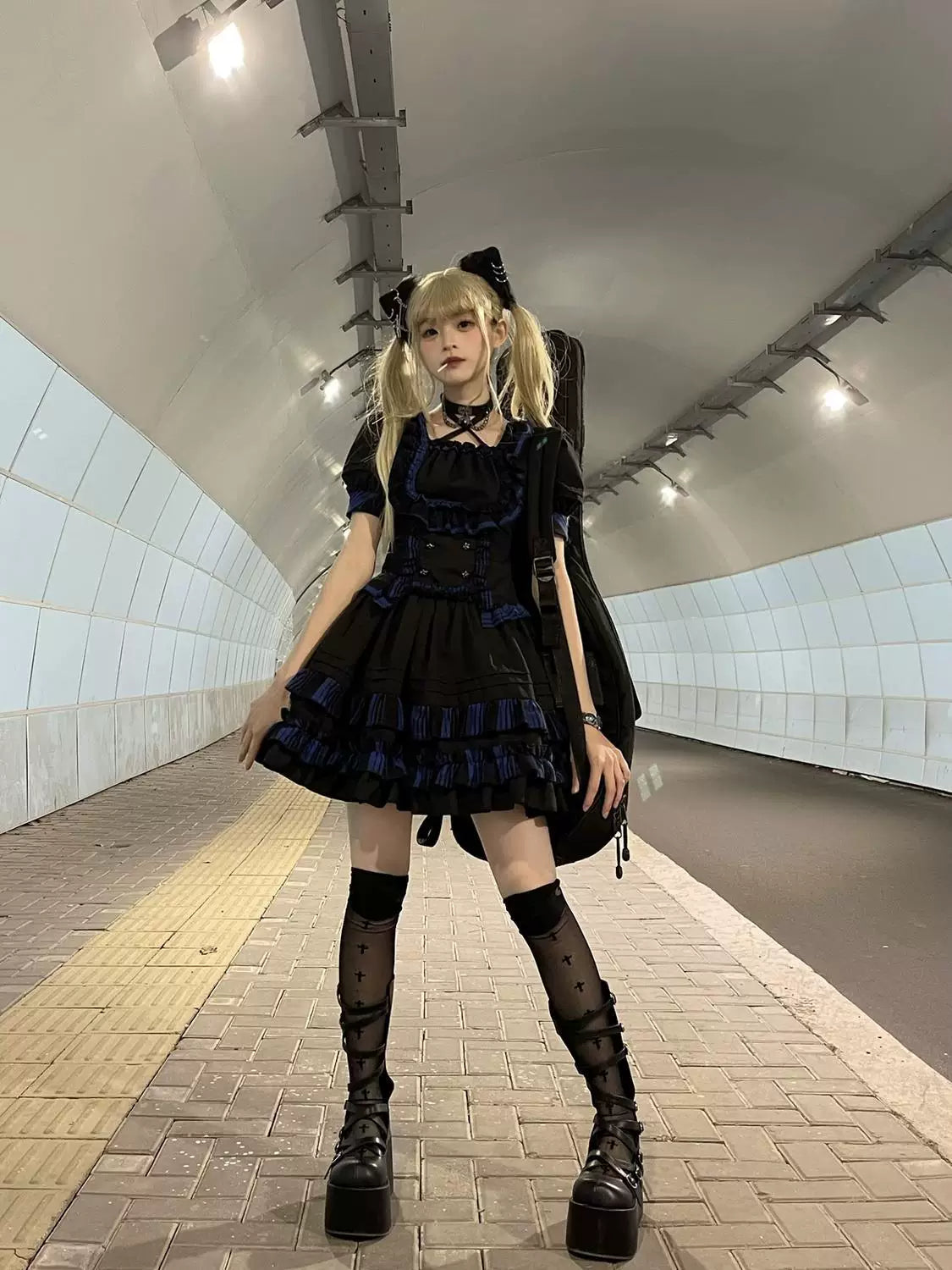 Sweetheart Dream Machine - Punk Cat - Two-Piece Lolita Dress Set with Tiered Ruffles
