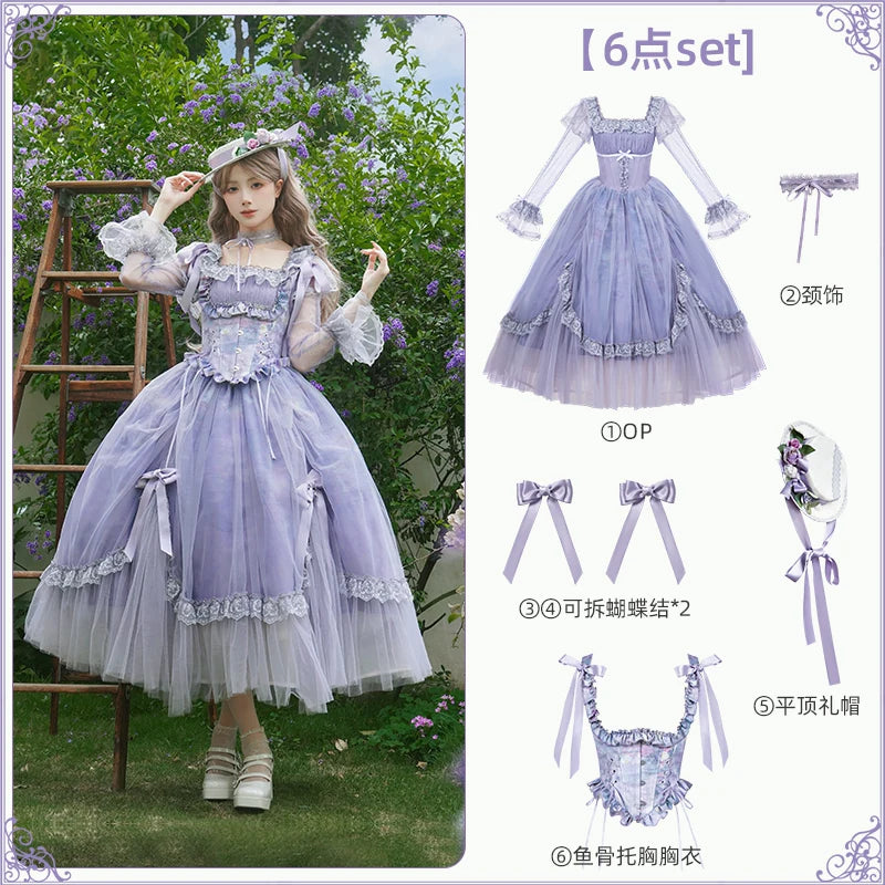 With PUJI - Wisteria in the Mist - Classic Lolita OP Dress, Boned Bodice Detail detail view 7