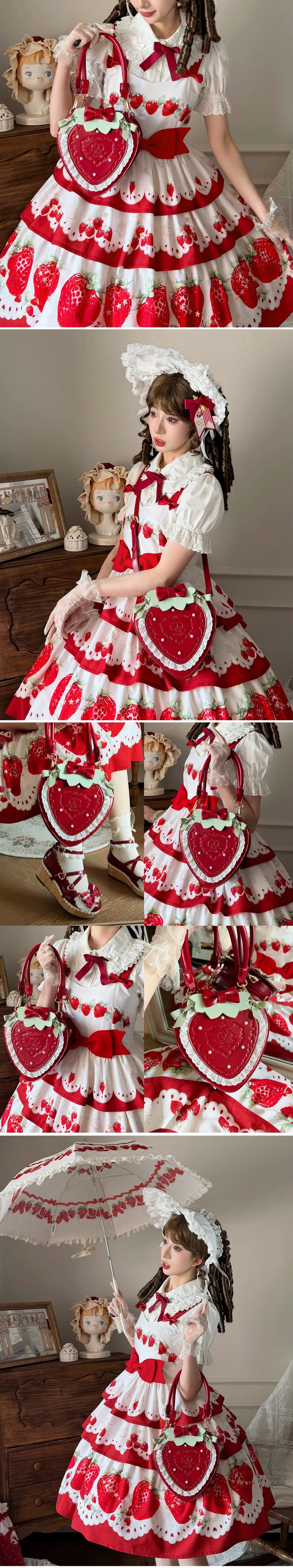 Pink and red heart-shaped handbags with bows, lace trim and pearl accents.