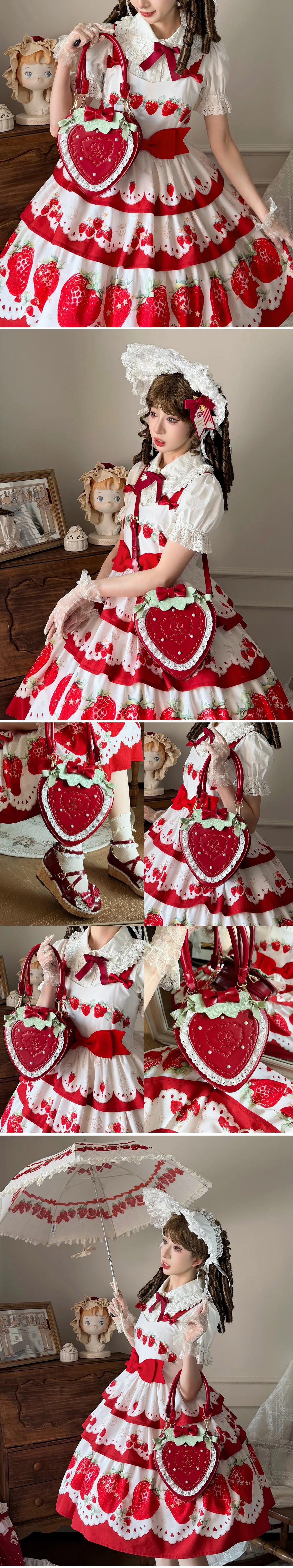Pink and red heart-shaped handbags with bows, lace trim and pearl accents.