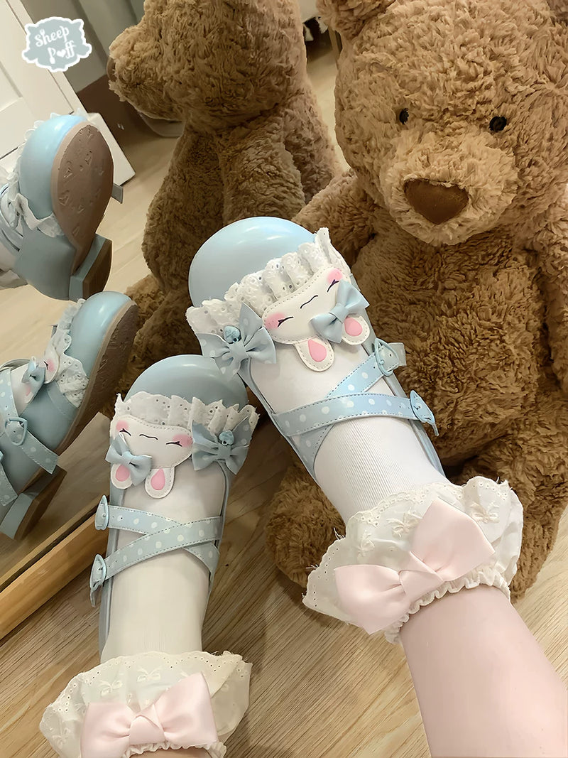 Sheep Puff Shy Bunny Lolita shoes featuring pastel colors, bunny motifs, and lace details, perfect for cute fashion styles.