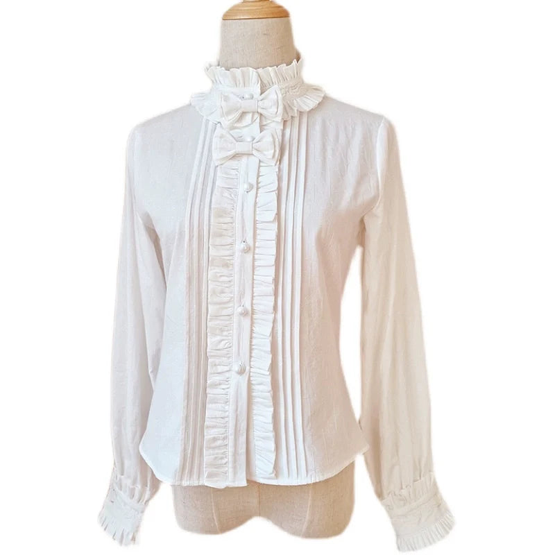 Youlan Lane - Winter Cotton - White Long-Sleeve Blouse with Lace Trim and Removable Bows - product detail 2