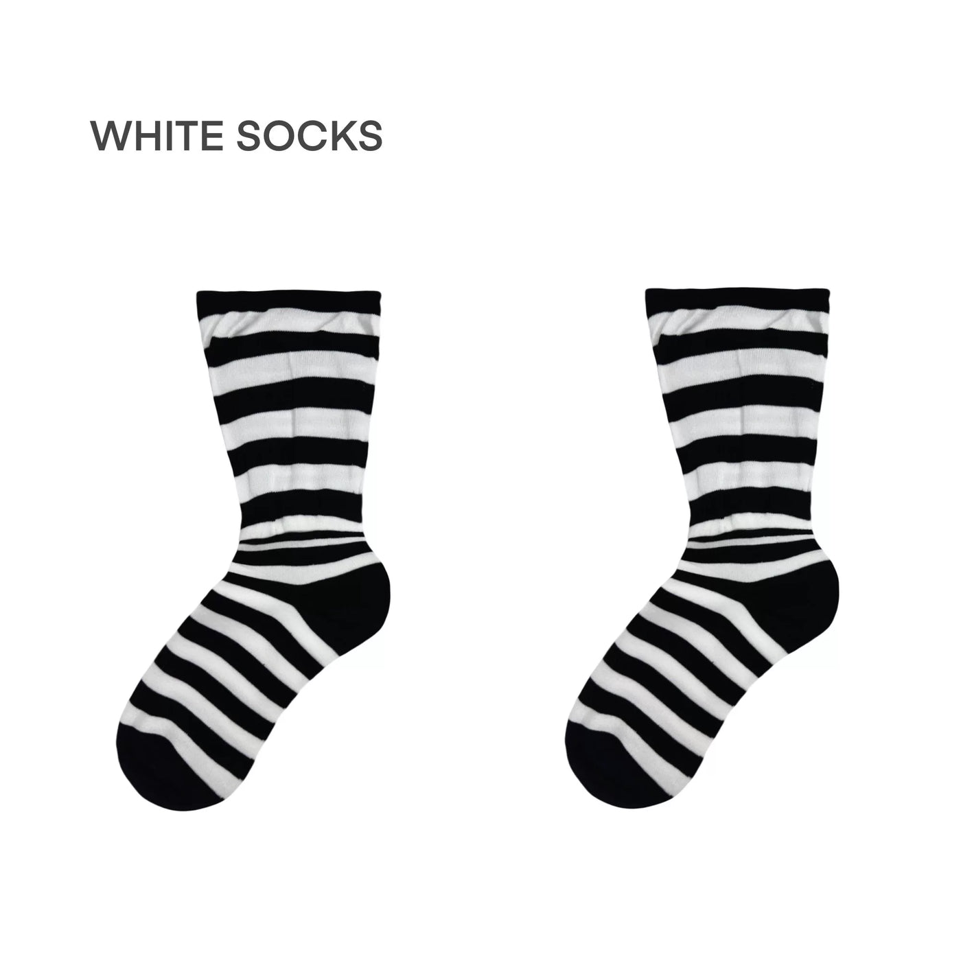 Pair of black-and-white striped White Socks mid-calf socks on a white background.