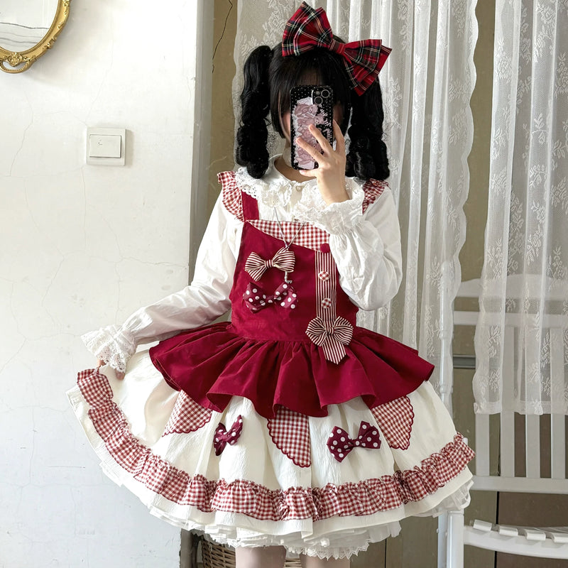 White Tea Story - Sweet Lolita - Tiered gingham check skirt with bow