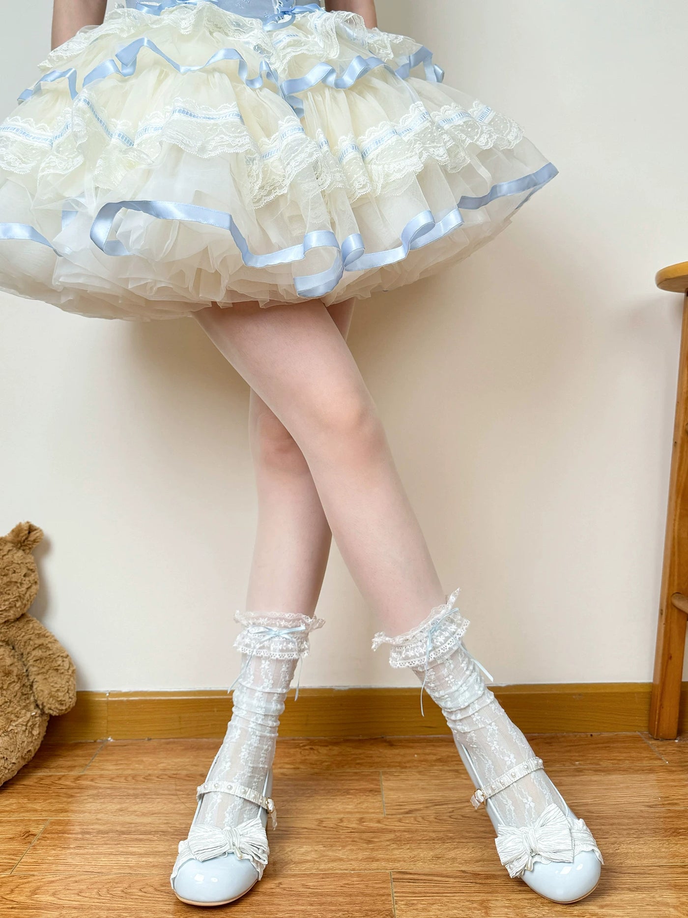 Chubby Bear Tales - Ballet Lace Ribbon - Openwork Mid-Calf Socks with Ribbon Bows