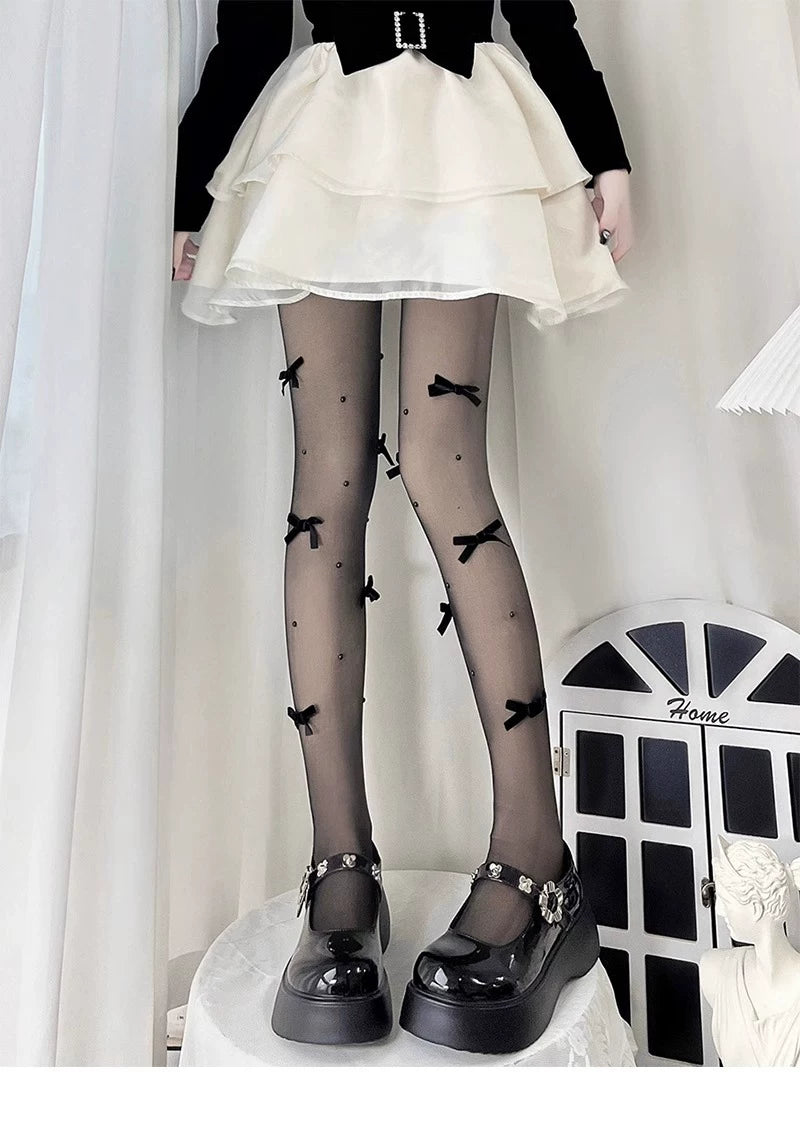 Floral Milk Cat - Ribbon Bow Sheer - Snag-Resistant Pantyhose with Ribbon Bows