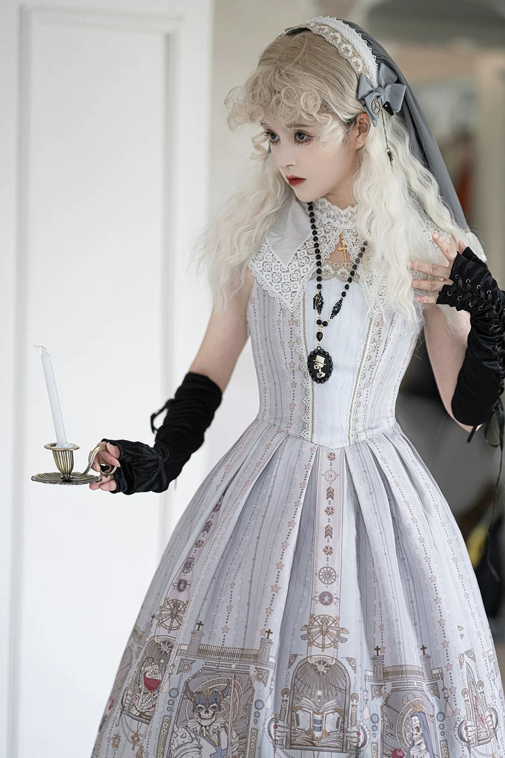 Demon Hunter's Diary - Lolita Accessories Hat KC Necklace Brooch Waistband Black satin long gloves