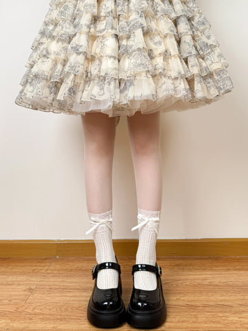 Chubby Bear Tales - Japanese Lace Bow - Openwork Lace Mid-Calf Socks with Bow