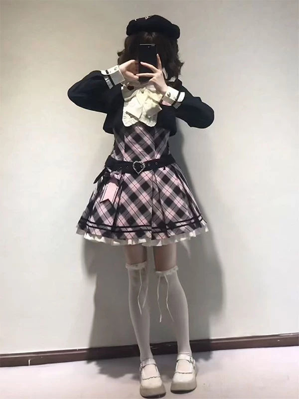 Creamy - Pink Plaid Noir - Pink one-piece dress (OP) with black faux two-piece styling