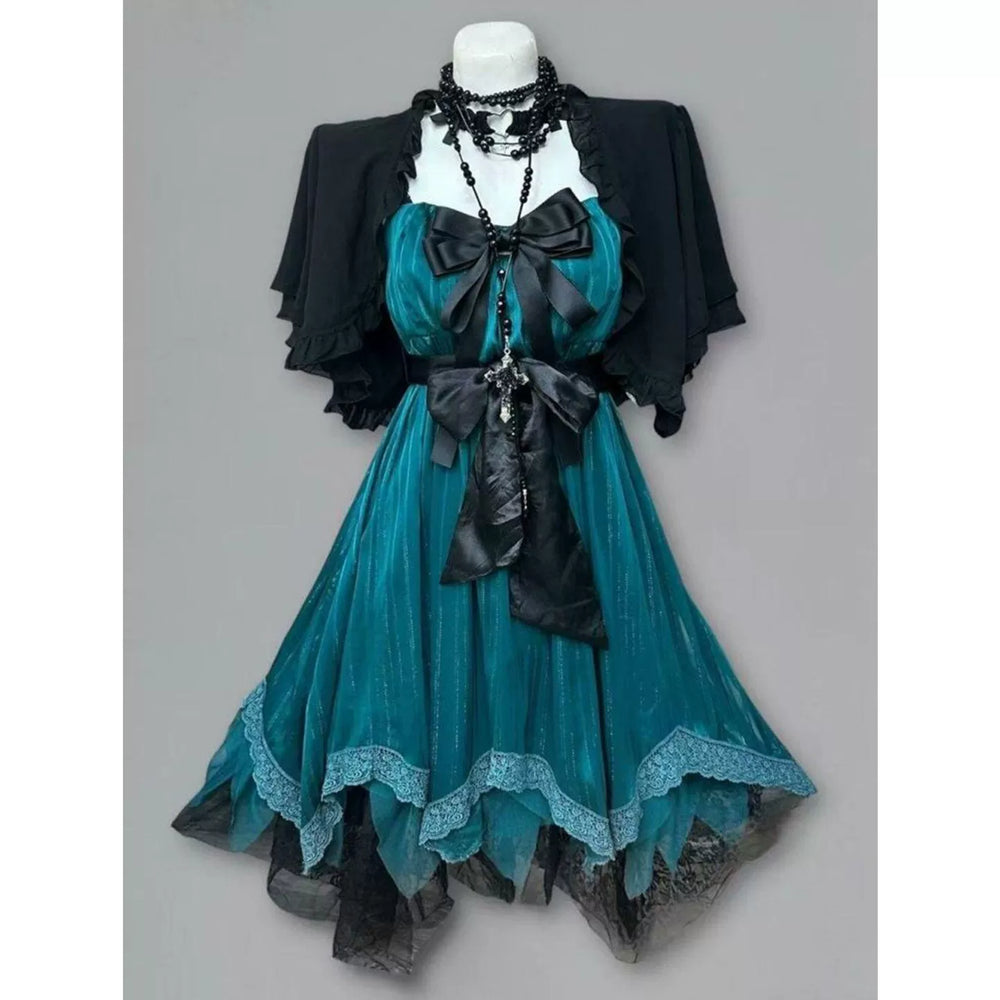 Teal and black two-piece dress set displayed on a mannequin