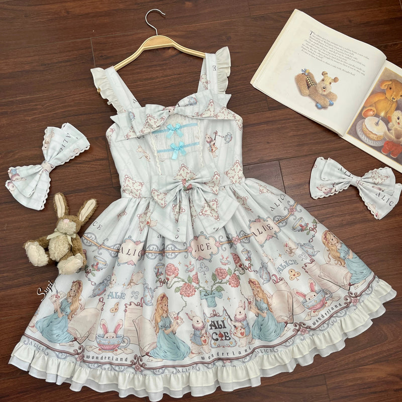 Doll Poetry Lolita dress set with matching printed headbow, front view