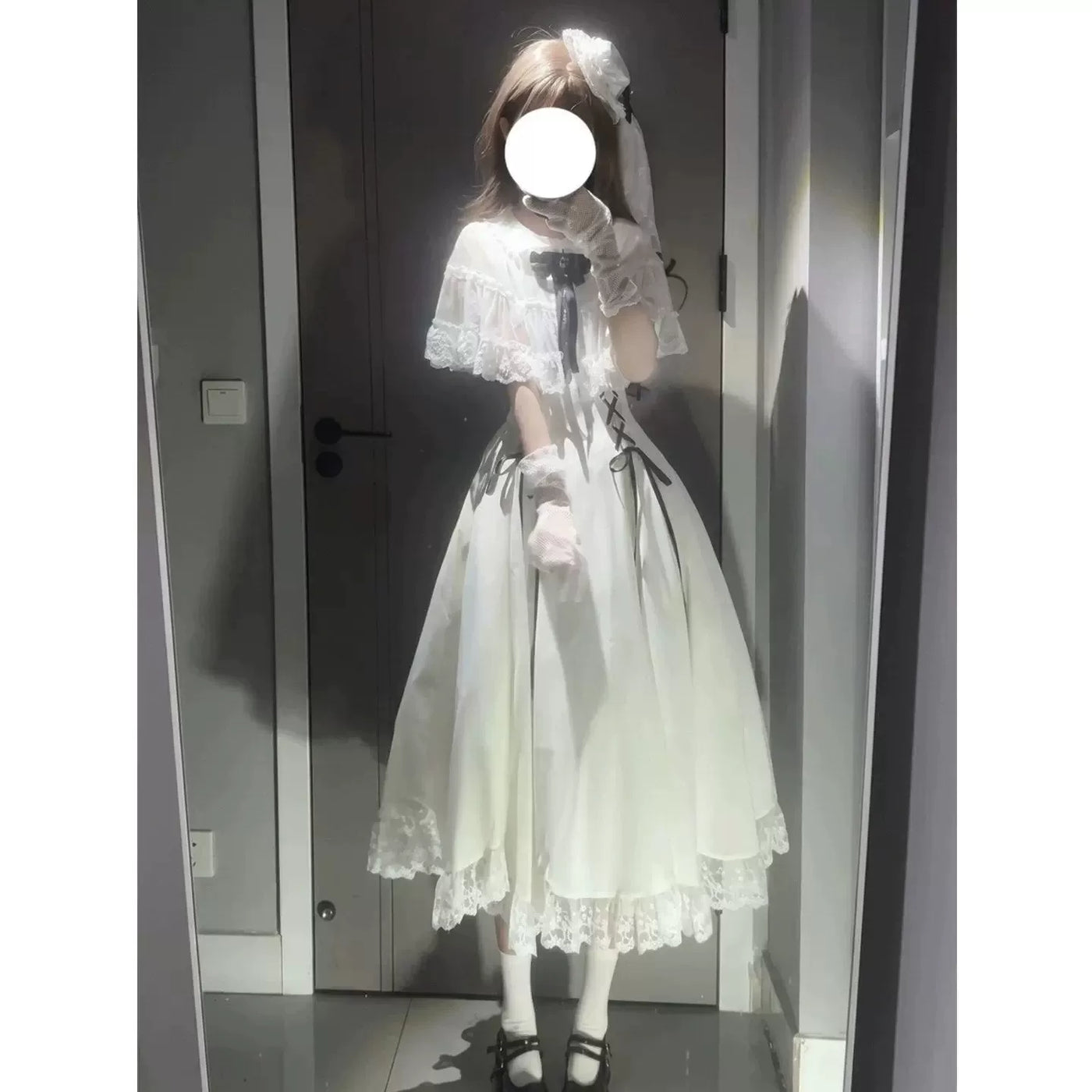 Creamy - White Lace - White OP with a Defined Waist and Lace-Trimmed Cape Sleeves