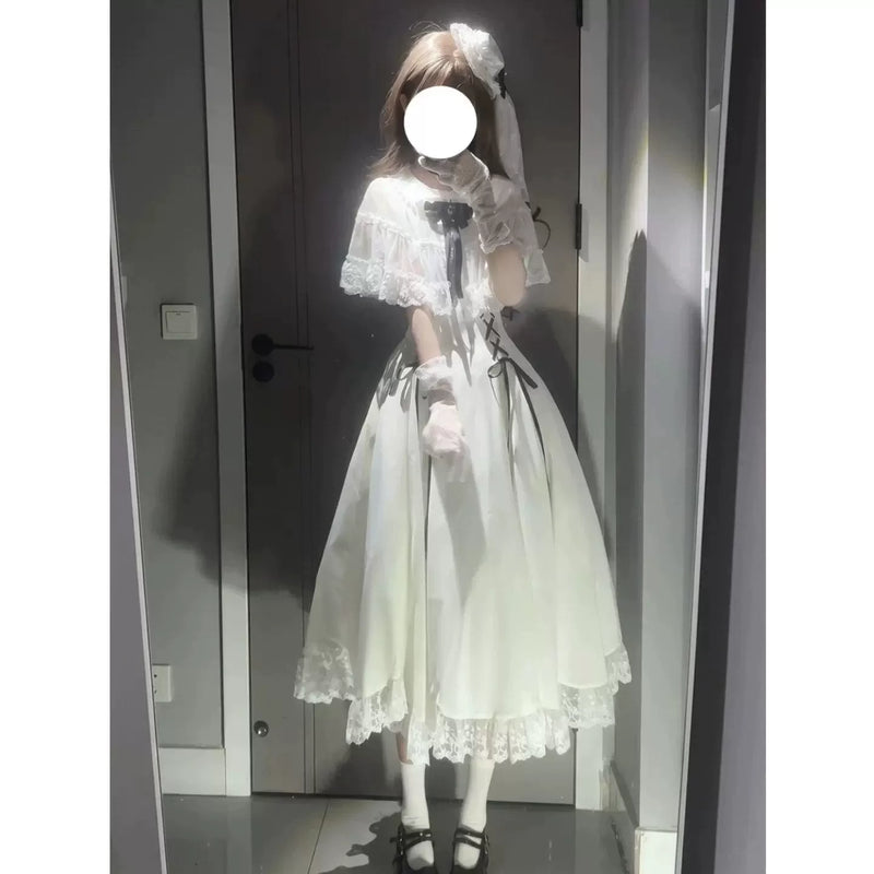 Creamy - White Lace - White OP with a Defined Waist and Lace-Trimmed Cape Sleeves
