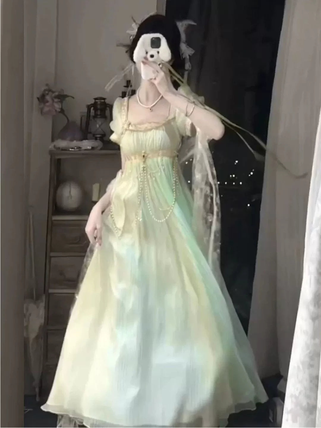 Creamy - Courtly Empire - Green OP Dress with Puff Sleeves and Waist Chain