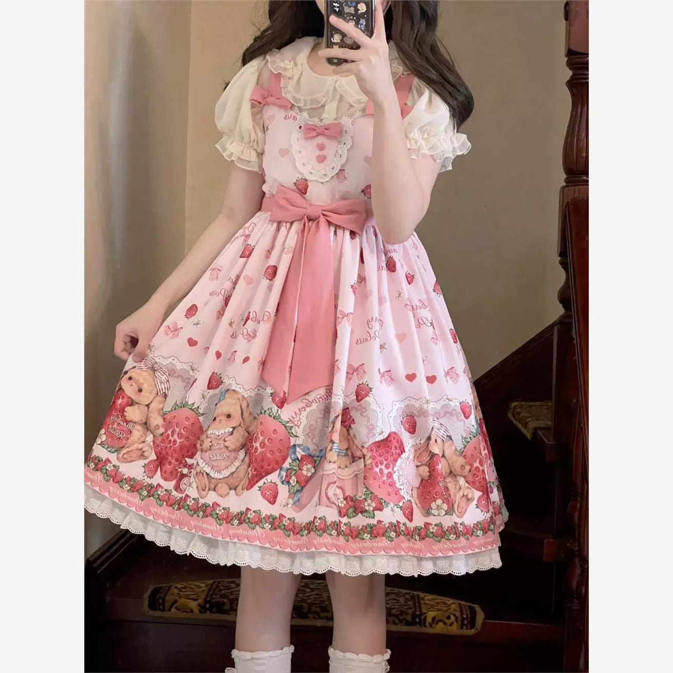 Sweetheart Dream Machine - Falling Rabbit Berry Gift Box - Pink JSK Dress with Rabbit-and-Strawberry Print