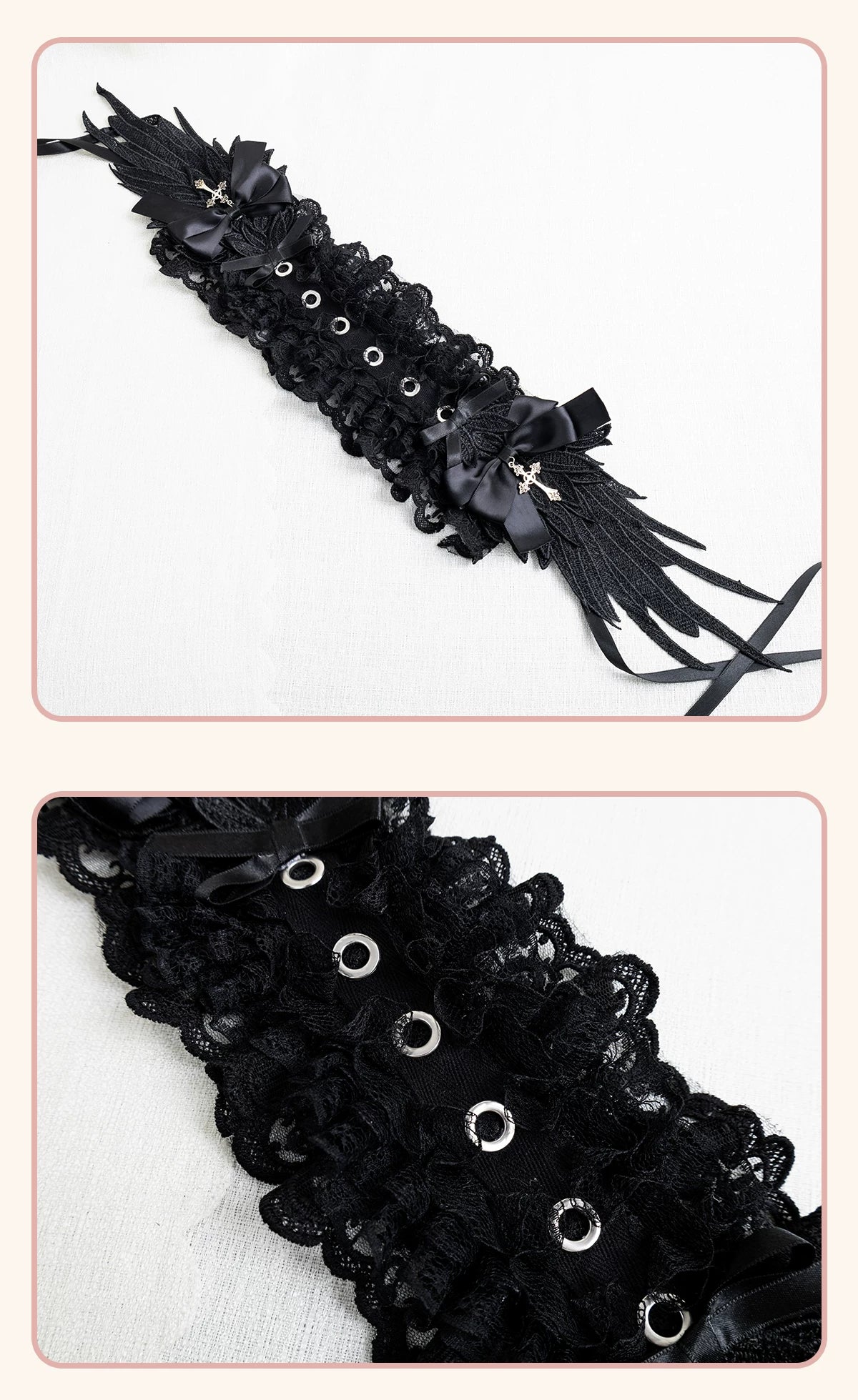 Stardust Rose - A035 Black Lace - Black Lace Headwear and Hand Sleeves with Ribbon Bows