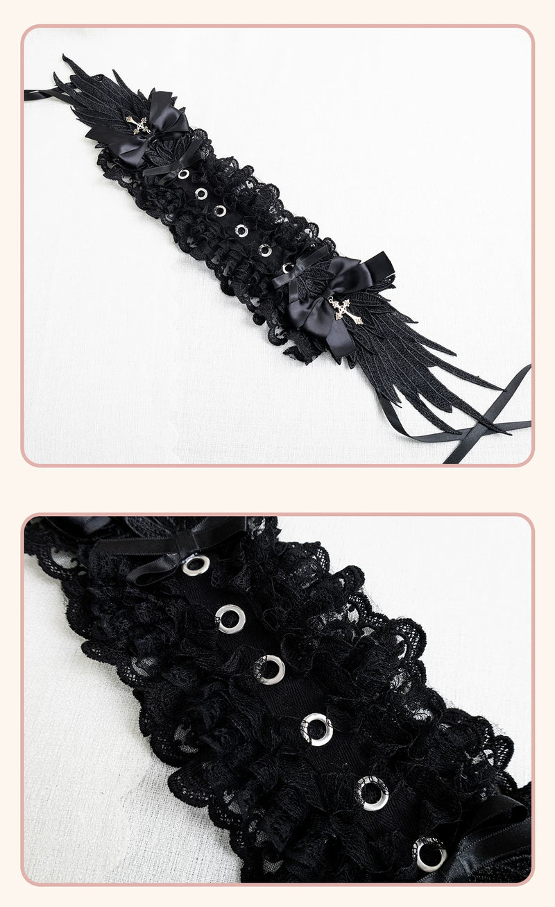 Stardust Rose - A035 Black Lace - Black Lace Headwear and Hand Sleeves with Ribbon Bows