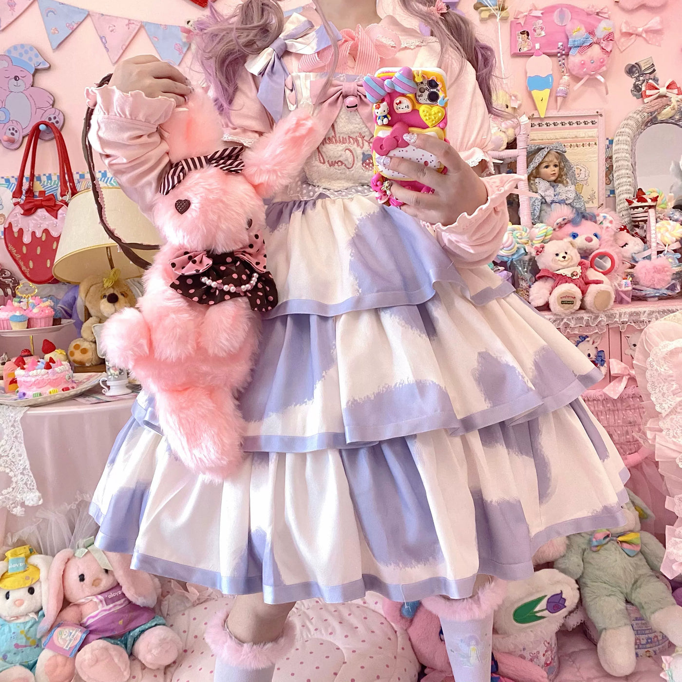 Tata Long Ear - Milk Cake Cow Print - Cow-Print JSK Dress with Three-Section Skirt
