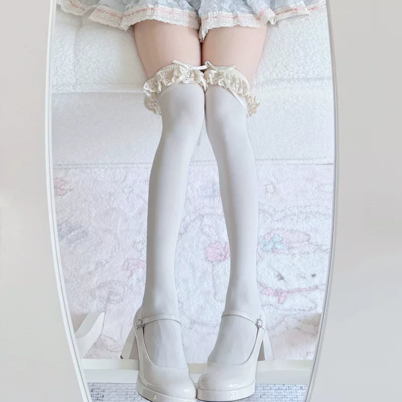 Fantasy Doll - Lace Bow Over-the-Knee - Velvet over-the-knee socks with lace cuffs