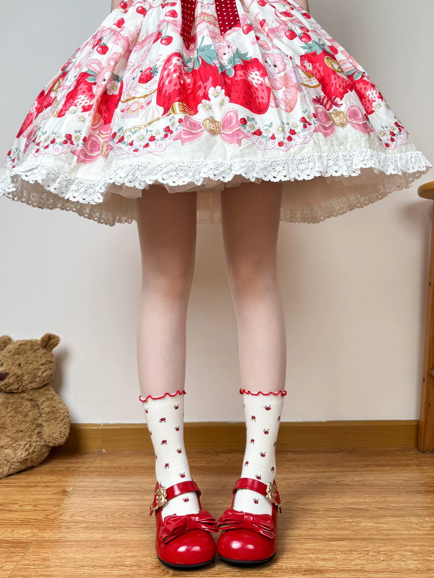 Chubby Bear Tales - Strawberry Cat - Cotton Mid-Calf Socks with Strawberry and Cat Motifs