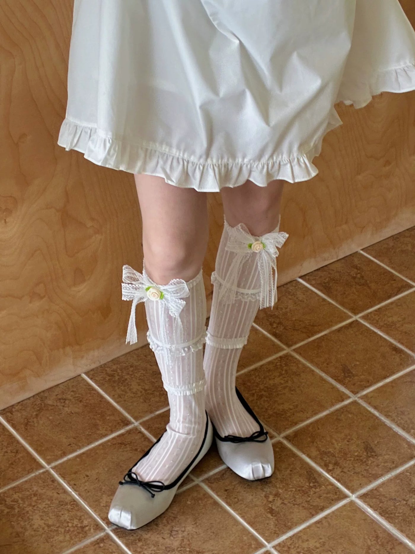 Fantasy Doll - Rose Lace - Mid-Calf Socks with Layered Lace Bows