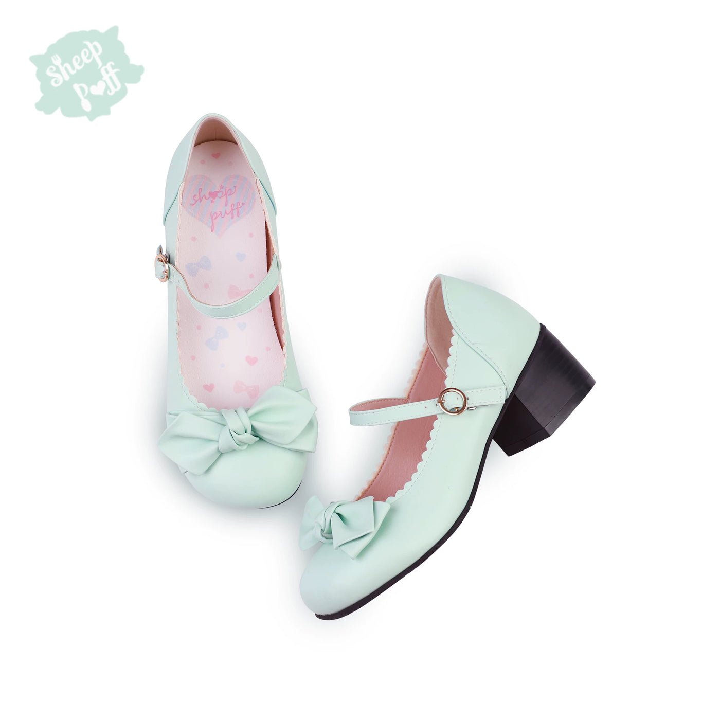 Sheep Puff Lolita shoes with rounded bows and puffed design, featuring a cute, whimsical style in soft pastel colors.