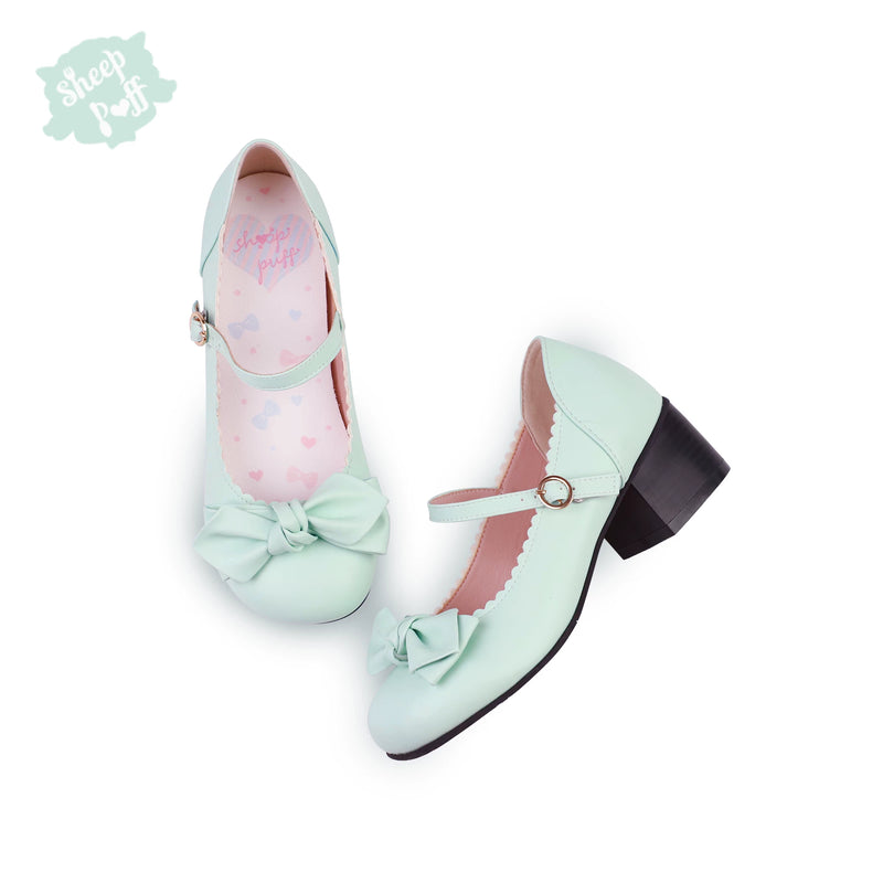 Sheep Puff Lolita shoes with rounded bows and puffed design, featuring a cute, whimsical style in soft pastel colors.
