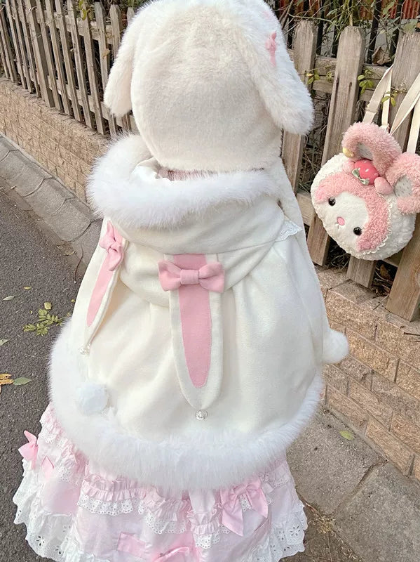 Jelly Girl - Winter Bunny - Plush Hooded Cape with Pom-Pom Ties