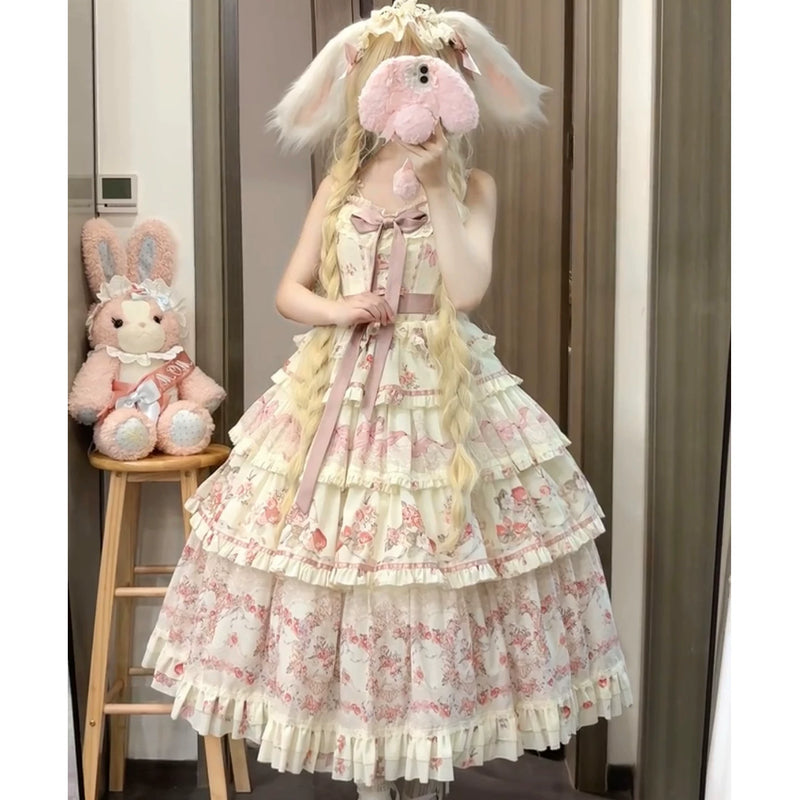 Xiao Xin - Secret Garden - Floral JSK suspender dress with tiered ruffles