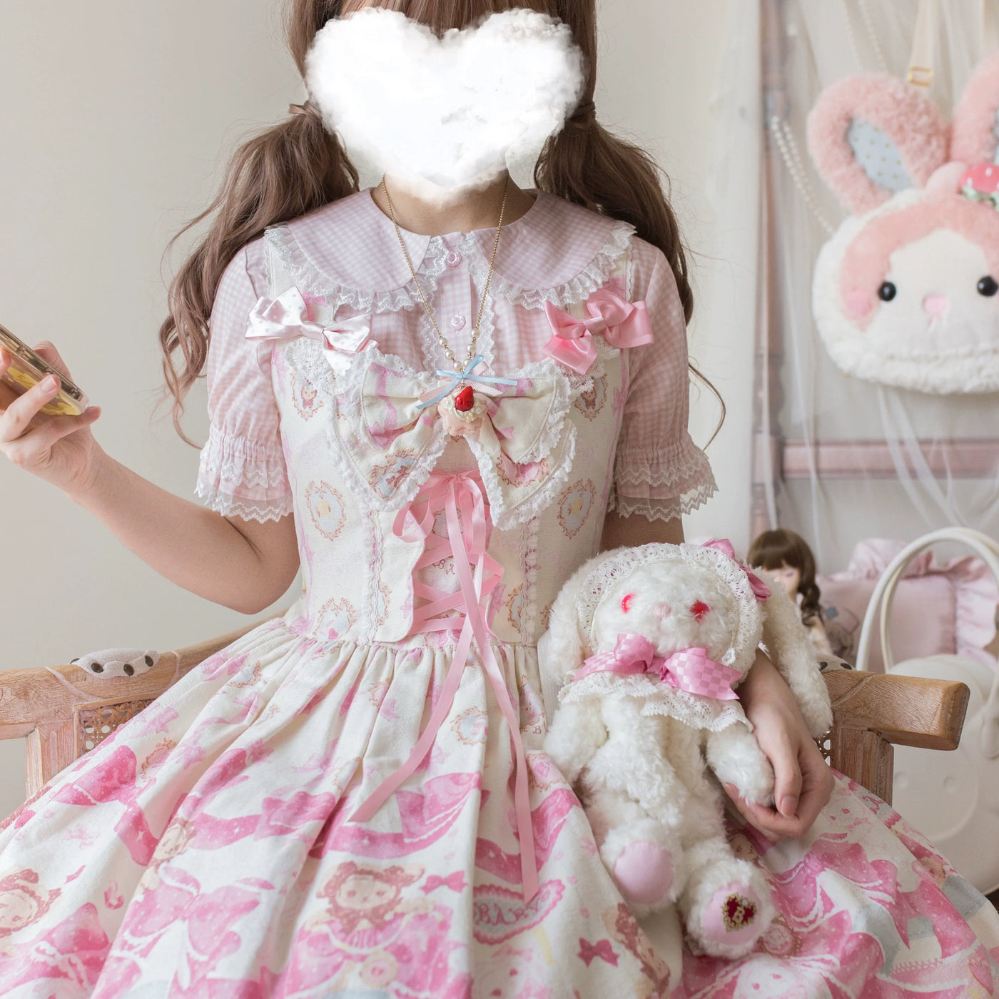 MIST - Kawaii Plaid - Lolita Blouse with Cat-Ear Peter Pan Collar and Lace Trim