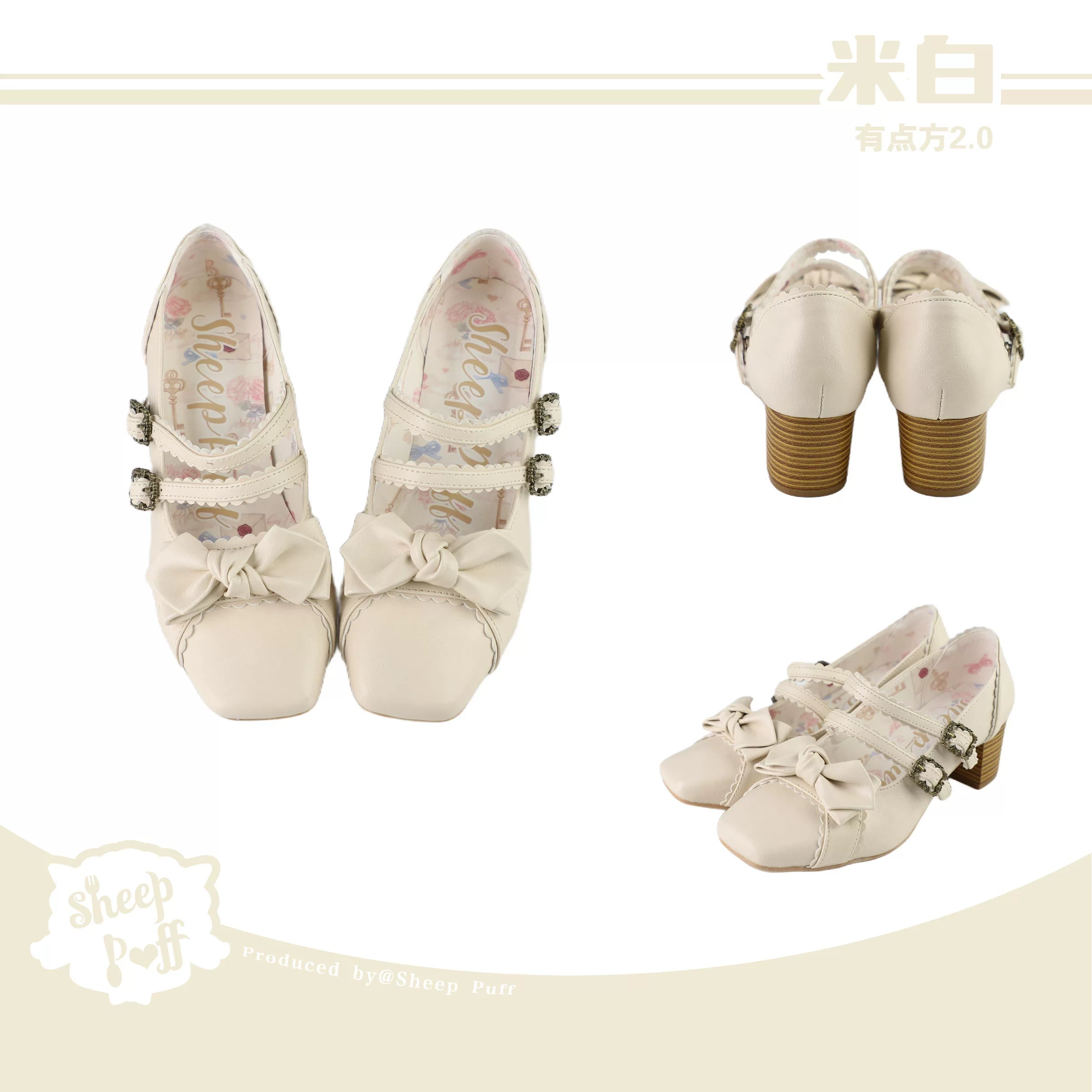 Sheep Puff Squared Bow 2.0 mid heel Lolita shoes, black with a large bow detail, stylish and cute footwear for Lolita fashion.