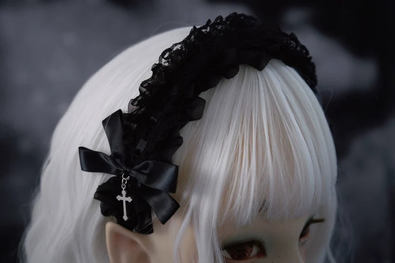 Strange Sugar - Gothic Black Lolita KC Cross Lace - Headband Lolita Accessories Headwear