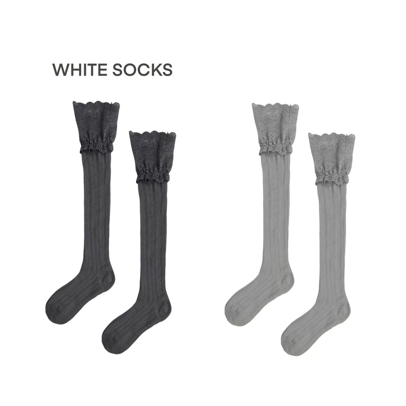 White Socks - French Ballet - Cotton Mid-Calf Socks with Vertical Texture and Lace Cuffs