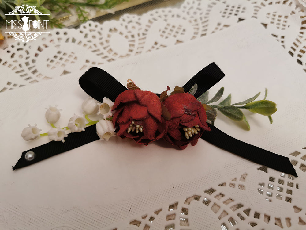 Miss point - Sally's Garden - Lolita Flower Bow Lace Necklace red+black clips brooch