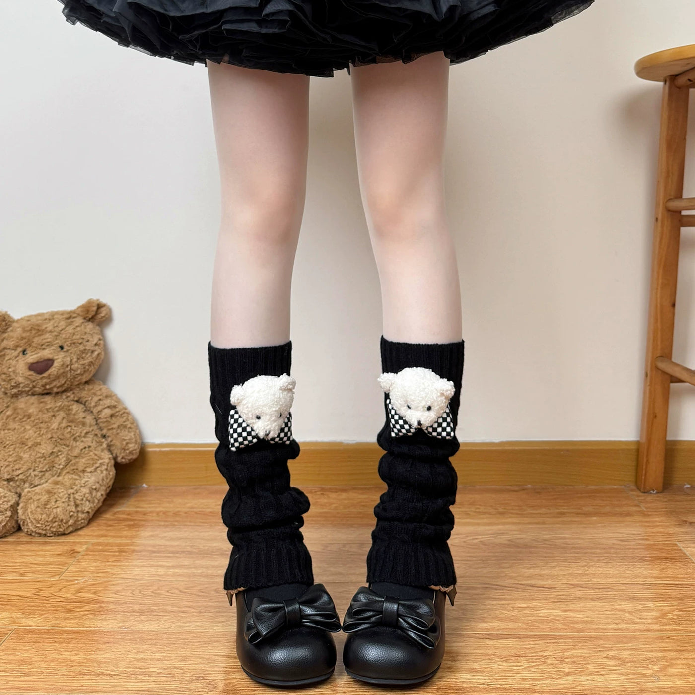 Chubby Bear Tales - Little Bear Knit Layers - Cable-Knit Leg Warmers with Teddy Bear Bows