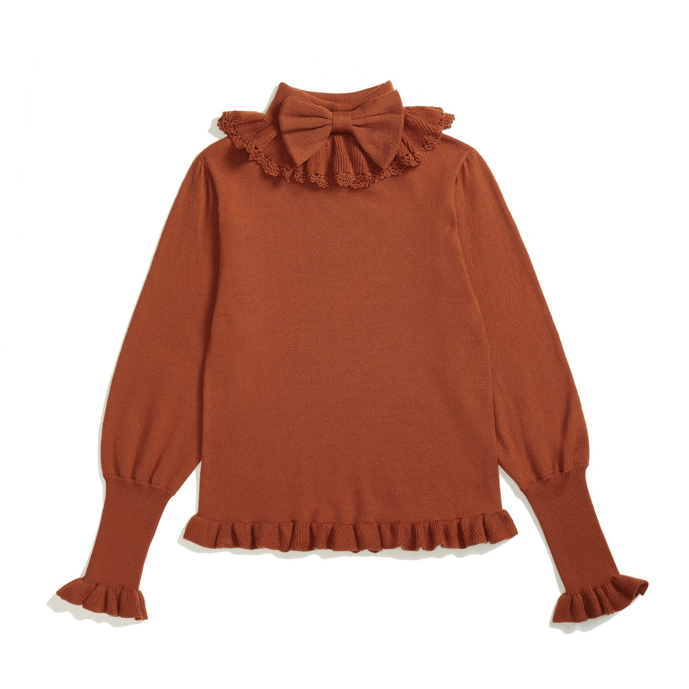 Brown Sweet Lolita sweater with a flounced collar, cuffs, and hem