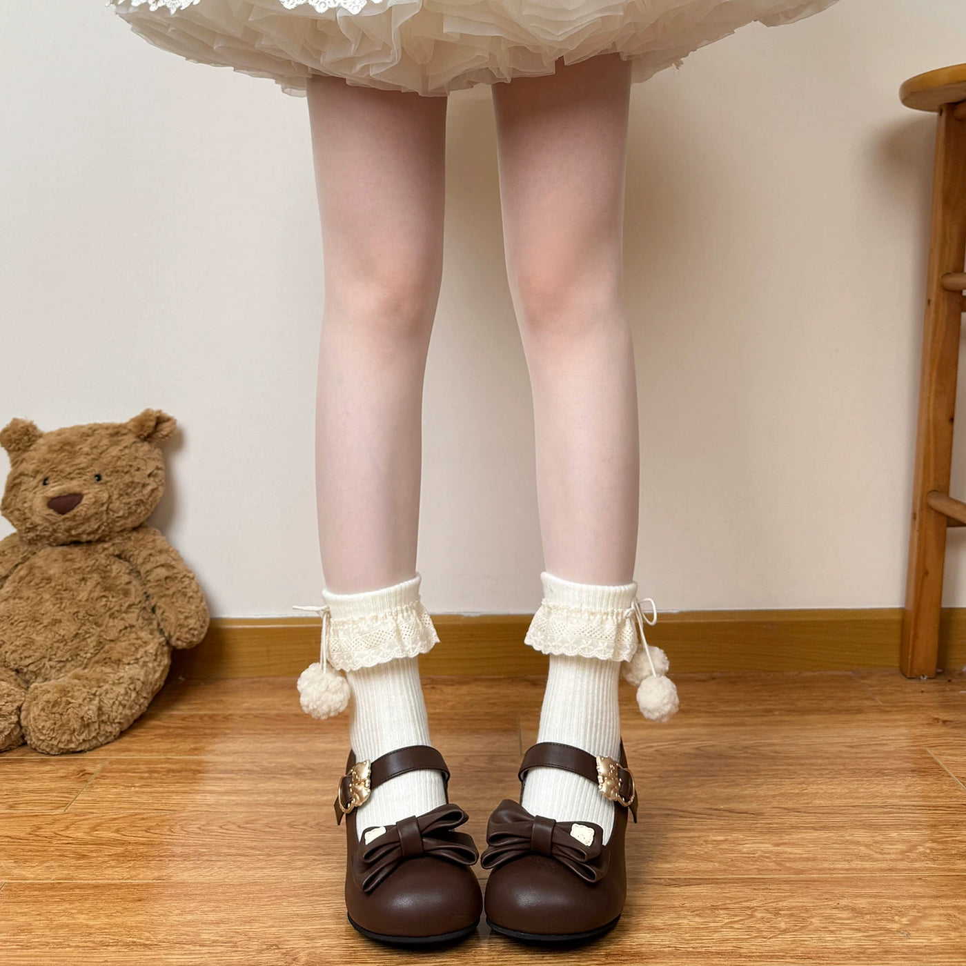 Chubby Bear Tales - Antique Doll Socks - Ribbed Mid-Calf Socks with Folded Lace Edges