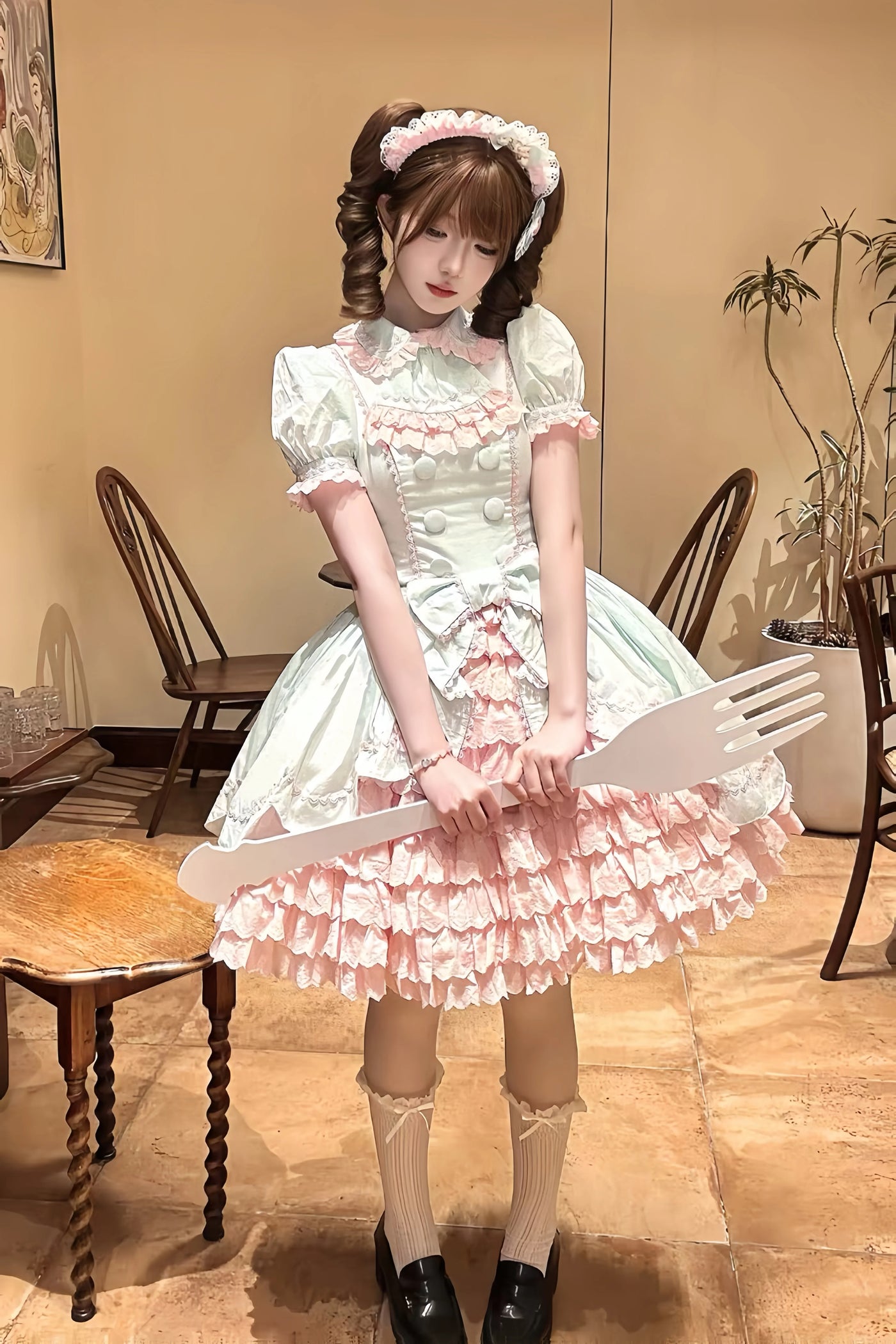 Tata Long Ear - Melon Parfait - Short-Sleeve OP Dress with Layered Ruffles
