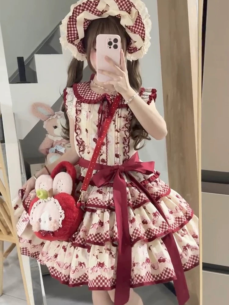 Dream Bunny - The Cherries Are Ripe - Cherry-Print Lolita Fashion Set with Gingham Ruffles
