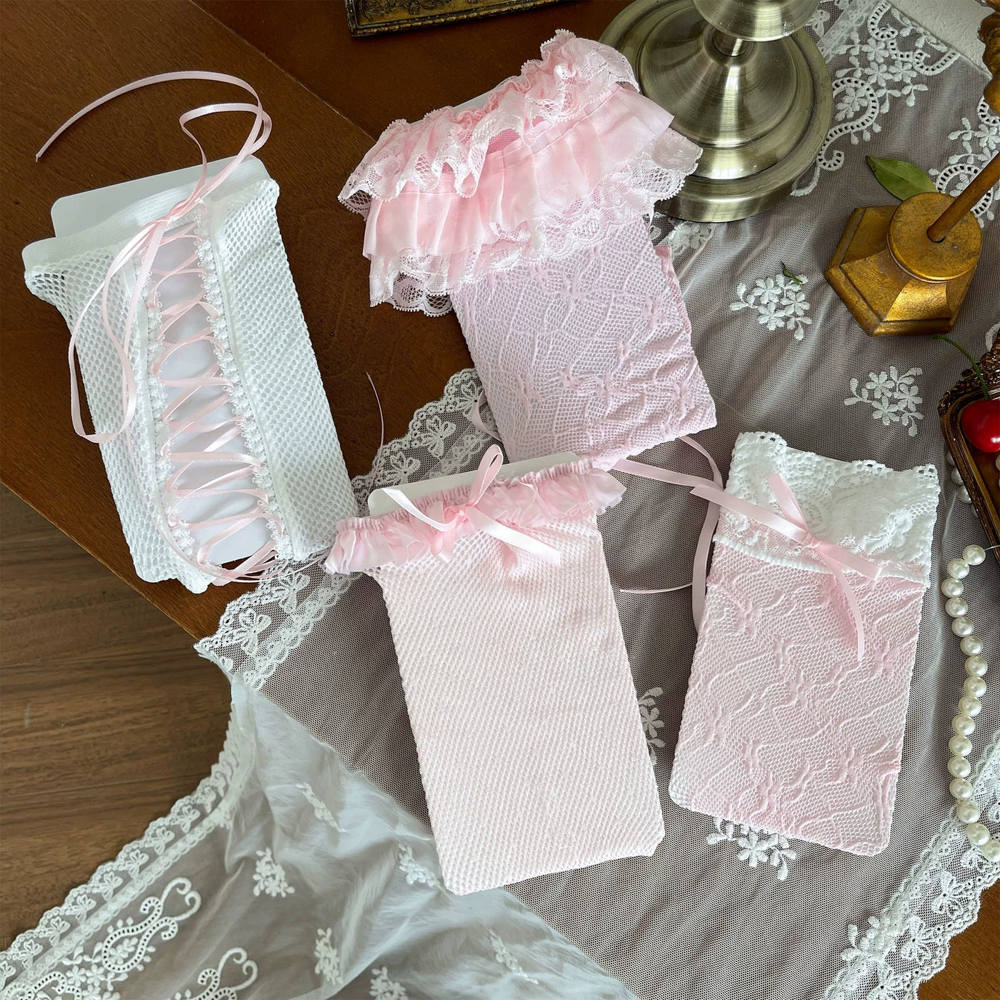 Sock Noble - Pink Lace Layering - Over-the-knee socks with layered lace trims and ribbon ties