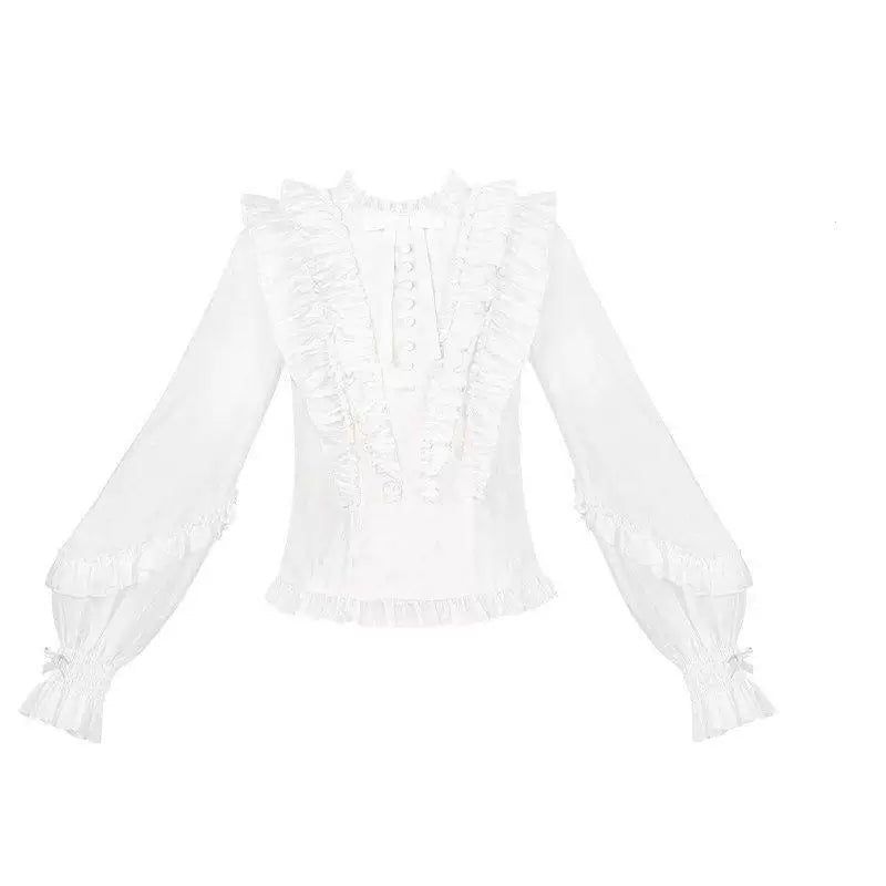 White sweet lolita blouse with ruffled lace collar and gathered lantern sleeves, flat lay view