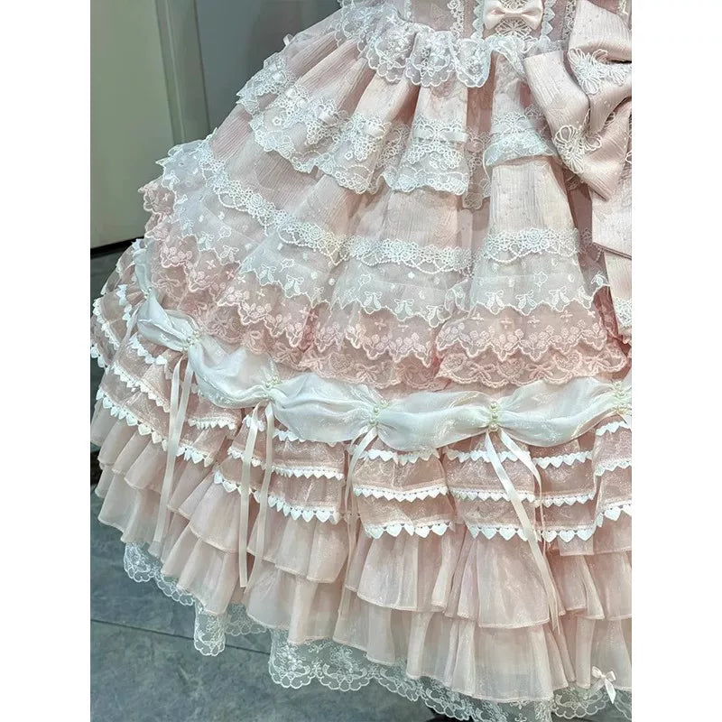 Creamy - Pink Knot - Pink JSK Dress with Lace Tiers and Bows
