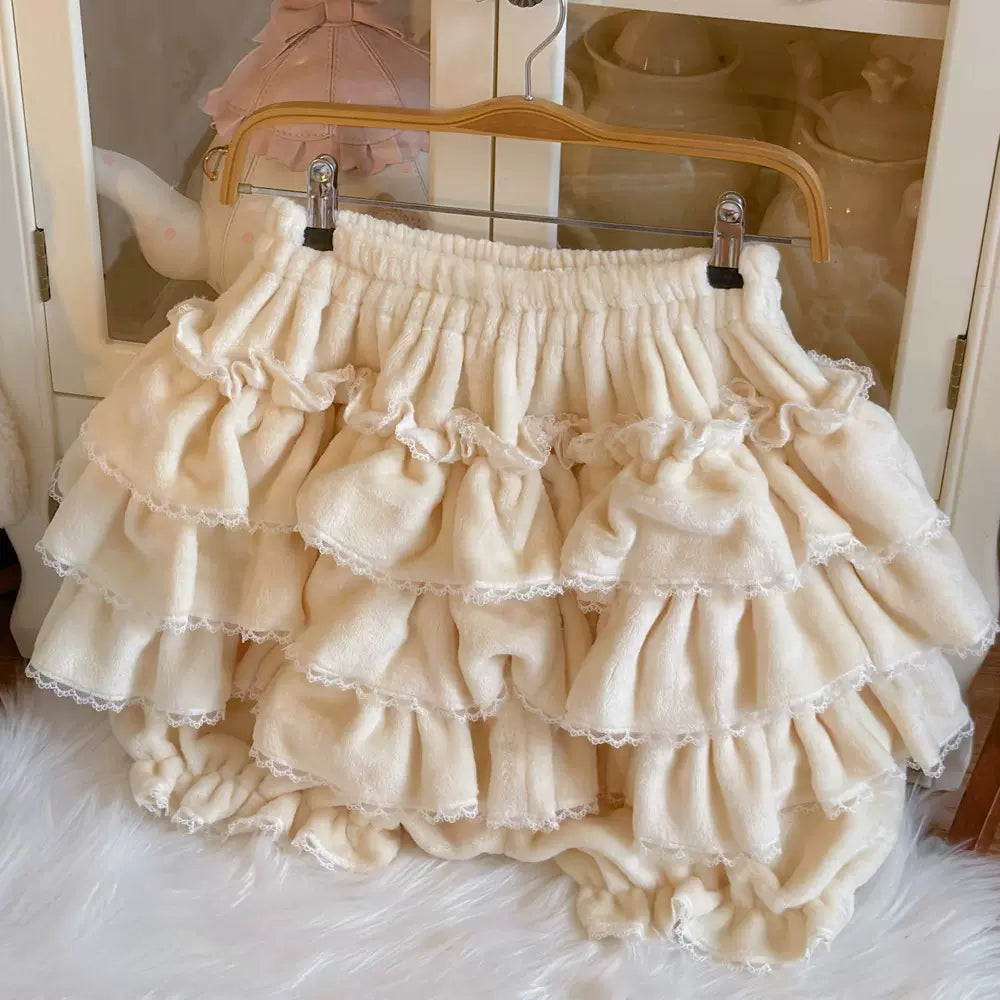 Cotton Lolita Bloomer, Loose Ruffled Hem Beige (with velvet) One Size