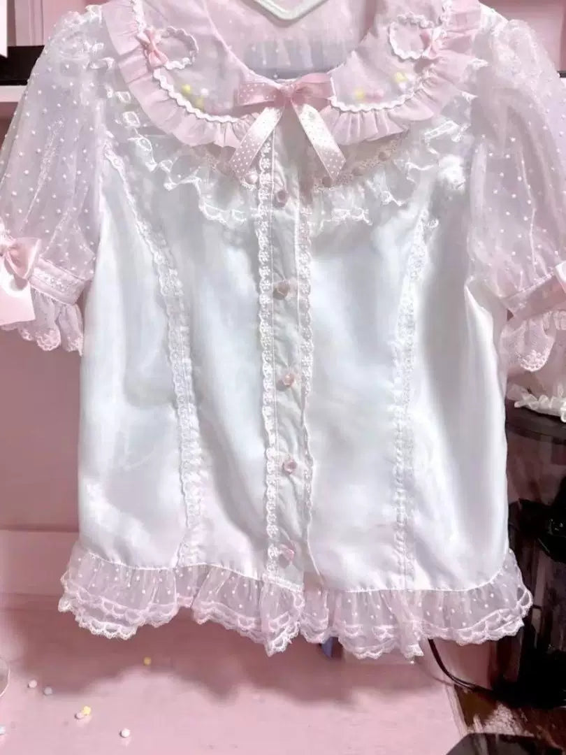 White or Pink blouse with ruffled collar and sheer polka-dot sleeves