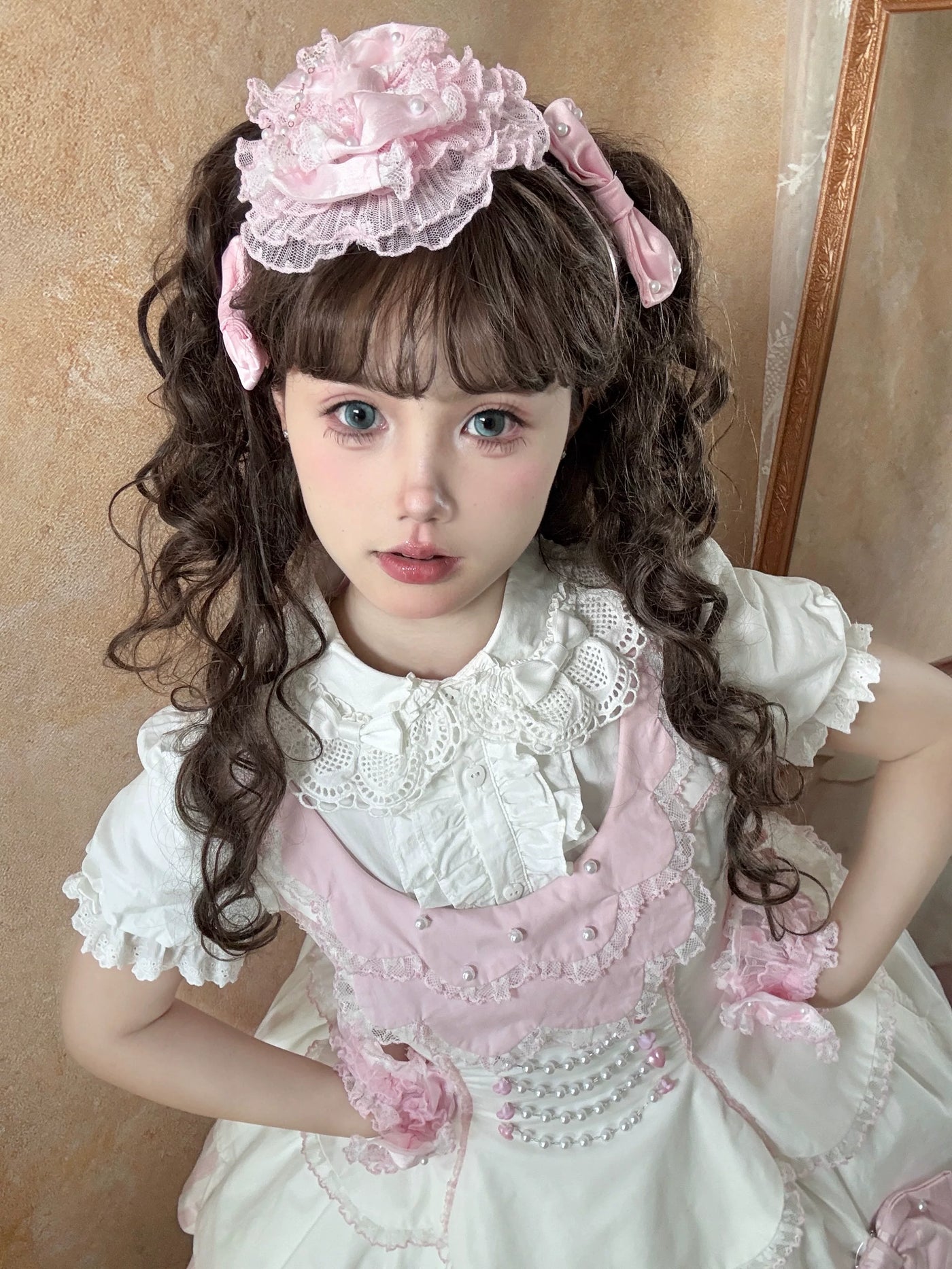 Tata Long Ear - Pearl Princess - White-and-Pink JSK Dress with Pearl Details and Scalloped Layers